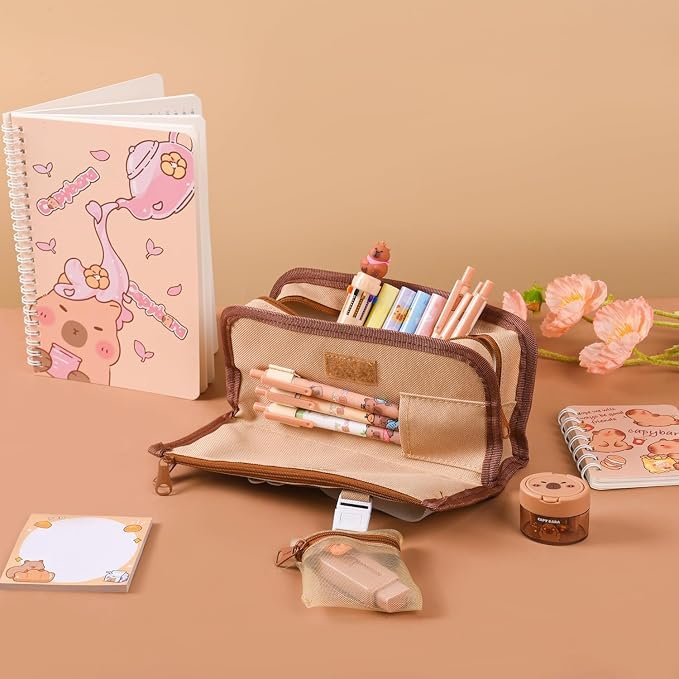 Cute Capybara Back to School Stationery Set,Capybara Pencil Case with Compartments BallPoint Pen, Gel Pens, Pencils, Erasers, Pencil Sharpener, Notebooks, Sticky Notes for Office School Supplies - Image 2