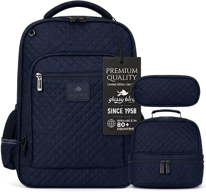 Kids 3 Piece School Backpack Set with Lunch Bag & Pencil Case, Lightweight Water Resistant Bookbag with Laptop Compartment for Middle & High School Students - Blue