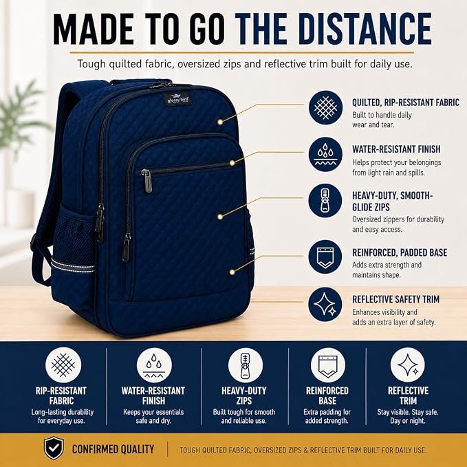 Kids 3 Piece School Backpack Set with Lunch Bag & Pencil Case, Lightweight Water Resistant Bookbag with Laptop Compartment for Middle & High School Students - Blue - Image 2