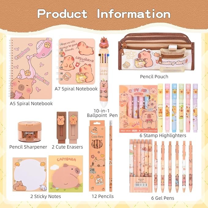 Cute Capybara Back to School Stationery Set,Capybara Pencil Case with Compartments BallPoint Pen, Gel Pens, Pencils, Erasers, Pencil Sharpener, Notebooks, Sticky Notes for Office School Supplies - Image 4