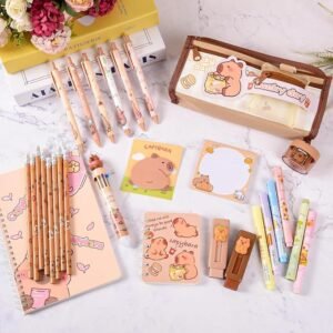 Cute Capybara Back to School Stationery Set,Capybara Pencil Case with Compartments BallPoint Pen, Gel Pens, Pencils, Erasers, Pencil Sharpener, Notebooks, Sticky Notes for Office School Supplies
