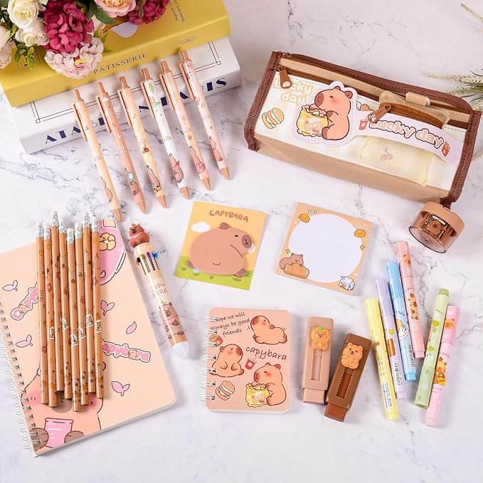 Cute Capybara Back to School Stationery Set,Capybara Pencil Case with Compartments BallPoint Pen, Gel Pens, Pencils, Erasers, Pencil Sharpener, Notebooks, Sticky Notes for Office School Supplies