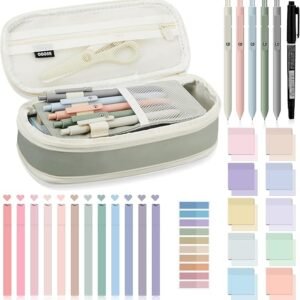 Coolchic 30 Pcs Study Supplies, Stationary Set Pencil Case Bag with Highlighter Gel Pen Ballpoint pen Transparent Sticky Notes Index Tab,Back to School Gifts