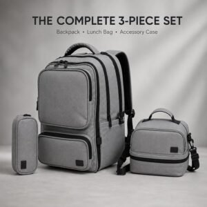 3 Piece School Bag Set for Kids, Backpack with Lunch Bag & Pencil Case, School Backpack Set for Boys & Girls, Multi Pocket Travel Backpack Set, School Bag Set - Grey