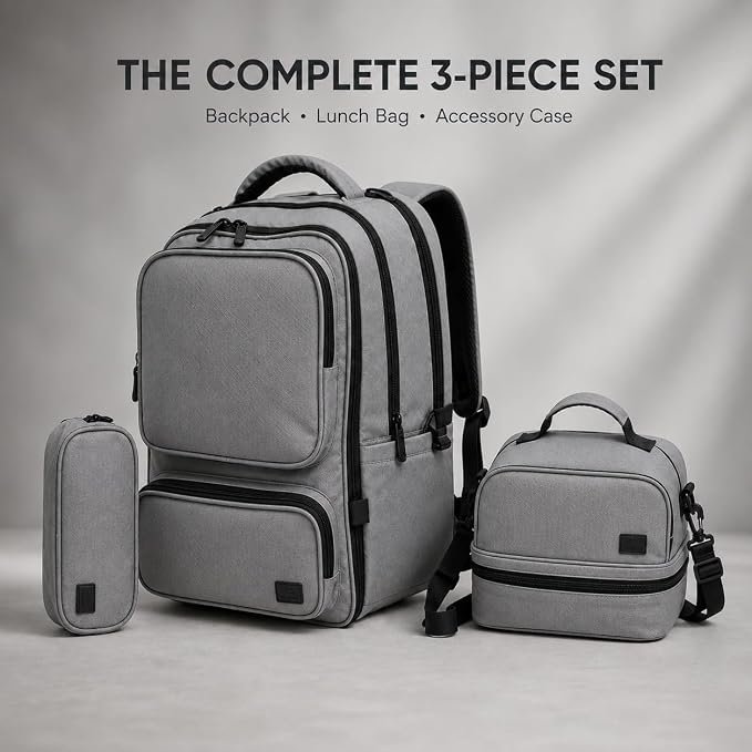 3 Piece School Bag Set for Kids, Backpack with Lunch Bag & Pencil Case, School Backpack Set for Boys & Girls, Multi Pocket Travel Backpack Set, School Bag Set - Grey